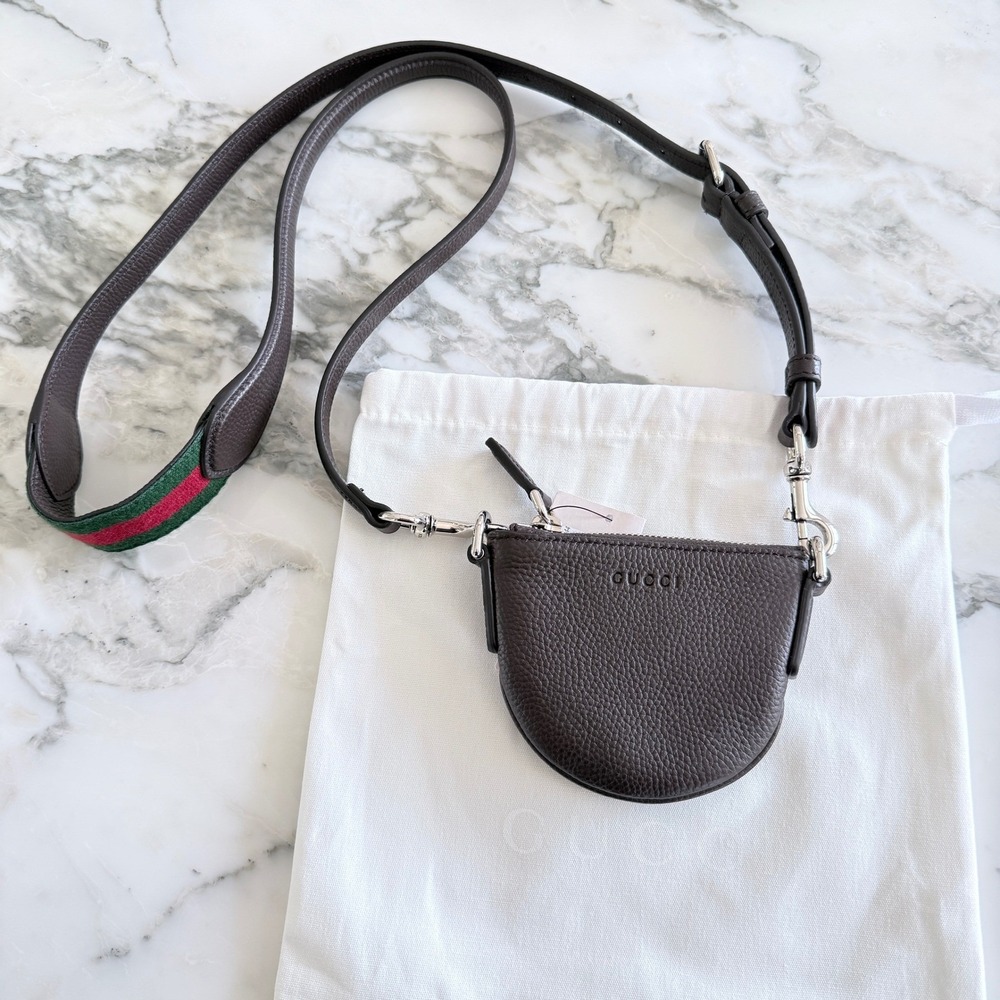 Gucci 821831 Cocoa Brown Pebbled Leather Mini Shoulder Bag with Web Stripe Strap